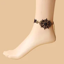 Gothic Handmade PU Leather Spider Web Evil Rhinestone Flower Lace Black Ankle Anklet Bracelet Sandals Barefoot Fashion Jewelry