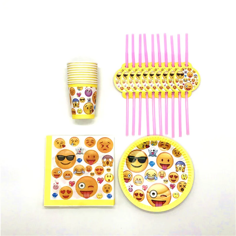 

New 50Pcs/Lot Emoji Theme Design Children Birthday Party Paper Tableware Family Party Cup Plate Straw Napkin Decoration Supply