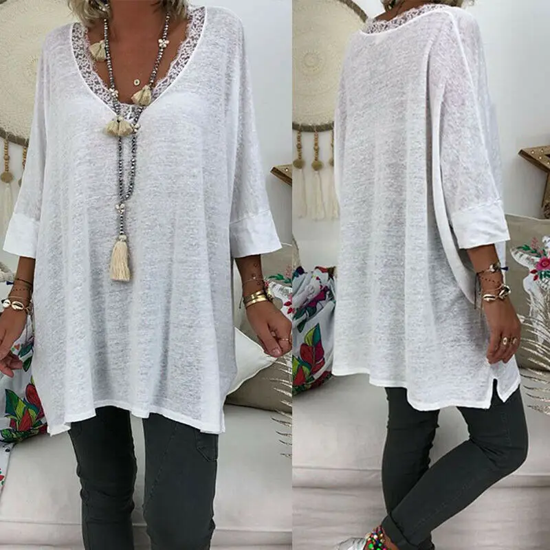 

Women Fashion Comfortable Polyester Loose Long Sleeve V Neck Mini Dress Summer Long Shirt Dress Tops Blouse