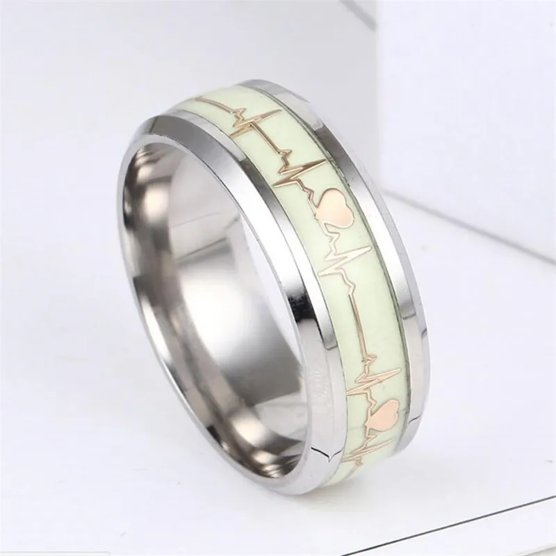Forever Love 2018 Fashion Noctilucent ECG Ring Stainless Steel Heartbeat Wedding Rings for Men Women Nurse Medical Symbol Rings