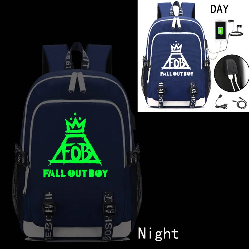 

Fall Out Boy band Noctilucous Backpack with USB Charging Port and Lock &Headphone interface for College Student Work