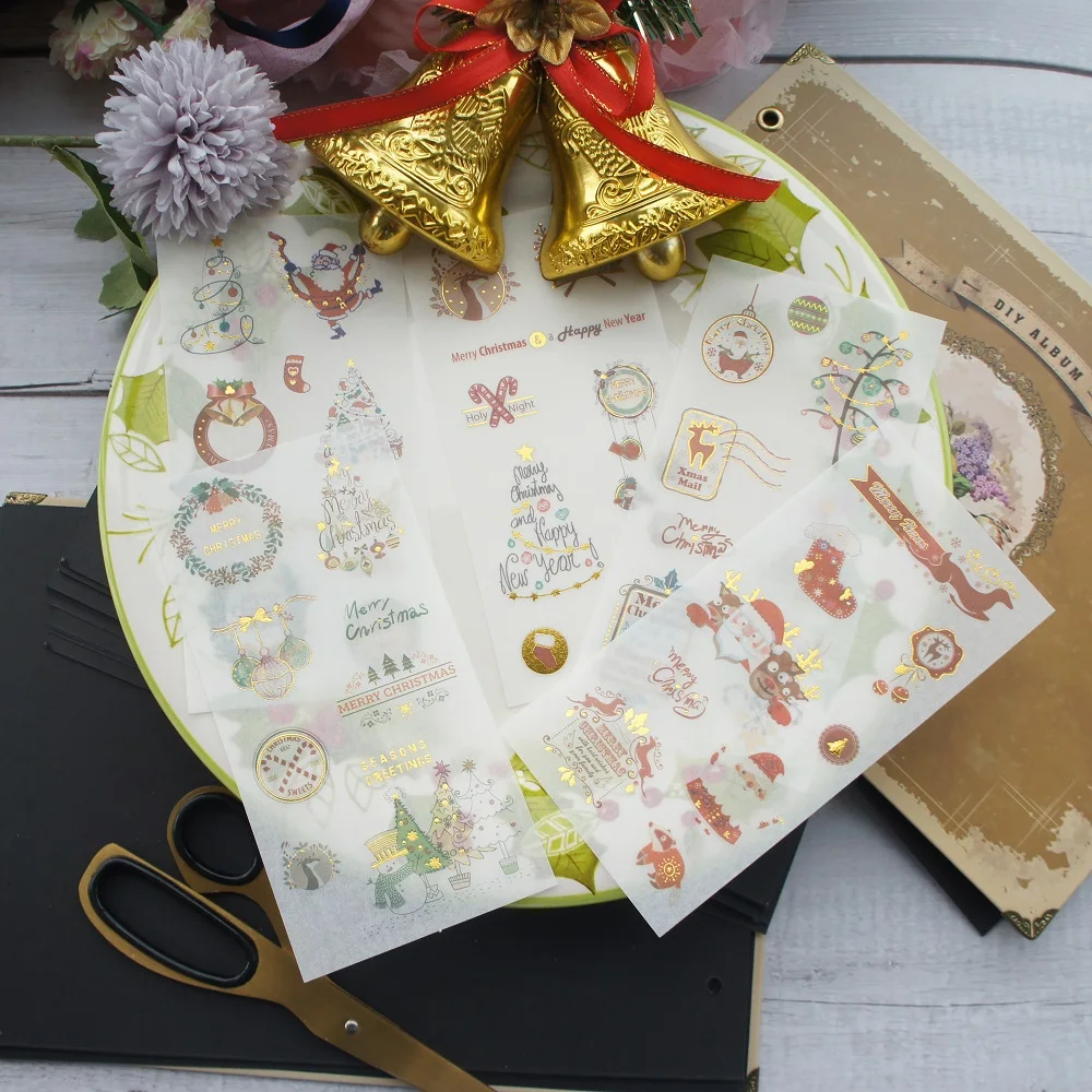

5 Sheets gold jingle bells Christmas Style Paper Sticker As Scrapbooking DIY Gift Packing Label Decoration Tag Party Decoration