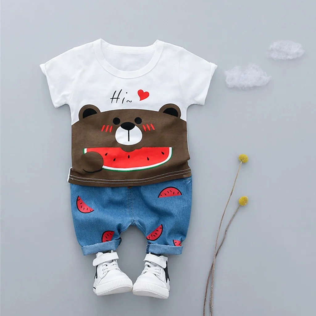 Toddler Kid Baby Boys Girls Bear Print Children Cartoon Cotton T-shirt Tee Tops Denim Watermelon Shorts Trousers Outfits Set | Детская