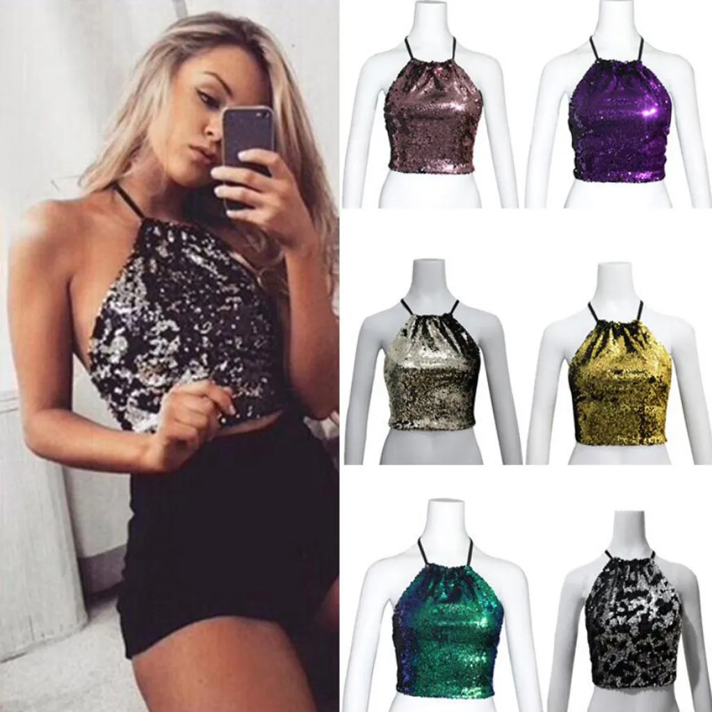 

Sequin Women Tank Tops Sexy Ladies Sleeveless Tank Summer Crop Top Womens Clothing Party Tops For Women haut femme