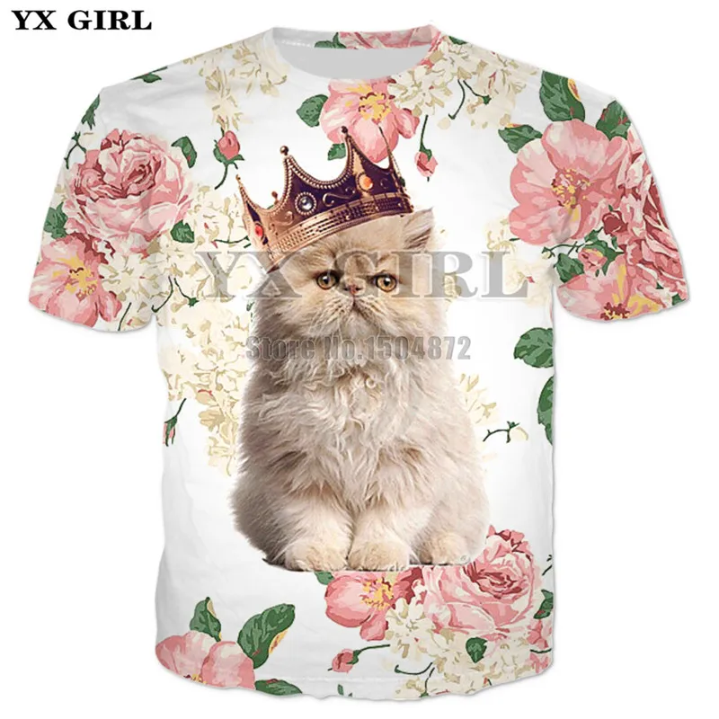 

2018 Summer New Harajuku Tees Women/Men Rose Cat Prince Meow 3d Print T-shirt Cute Crown Cat Printing T shirt Unisex Tee Shirts