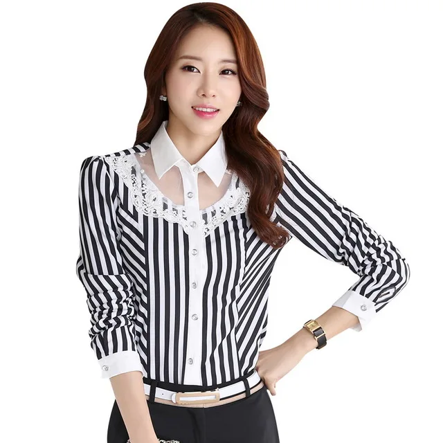 Блузка женская шифоновая в полоску с кружевом|chiffon blouse|ladies shirtscamisa feminina |