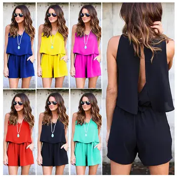 

Summer Women Solid Shorts Sleeve Beach Chiffon Casual Sun Playsuit Jumpsuit