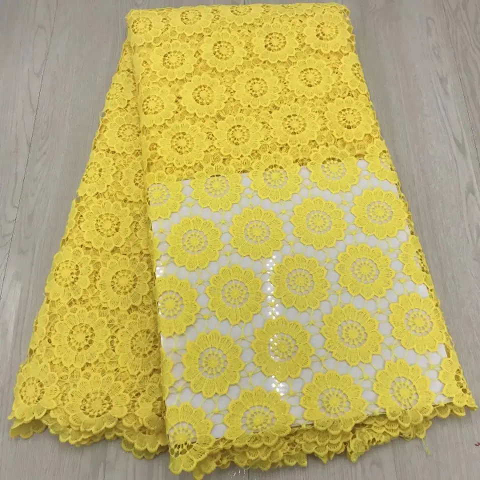 

5Yards/pc New fashion yellow flower design french guipure lace embroidery african water soluble lace fabric for dress CFW4-6