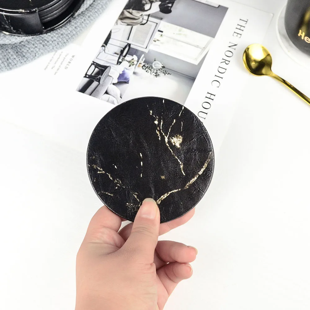 Creative PU Leather Marble Coaster Drink Coffee Cup Mat Tea Pad Dining Table Placemats Table Black