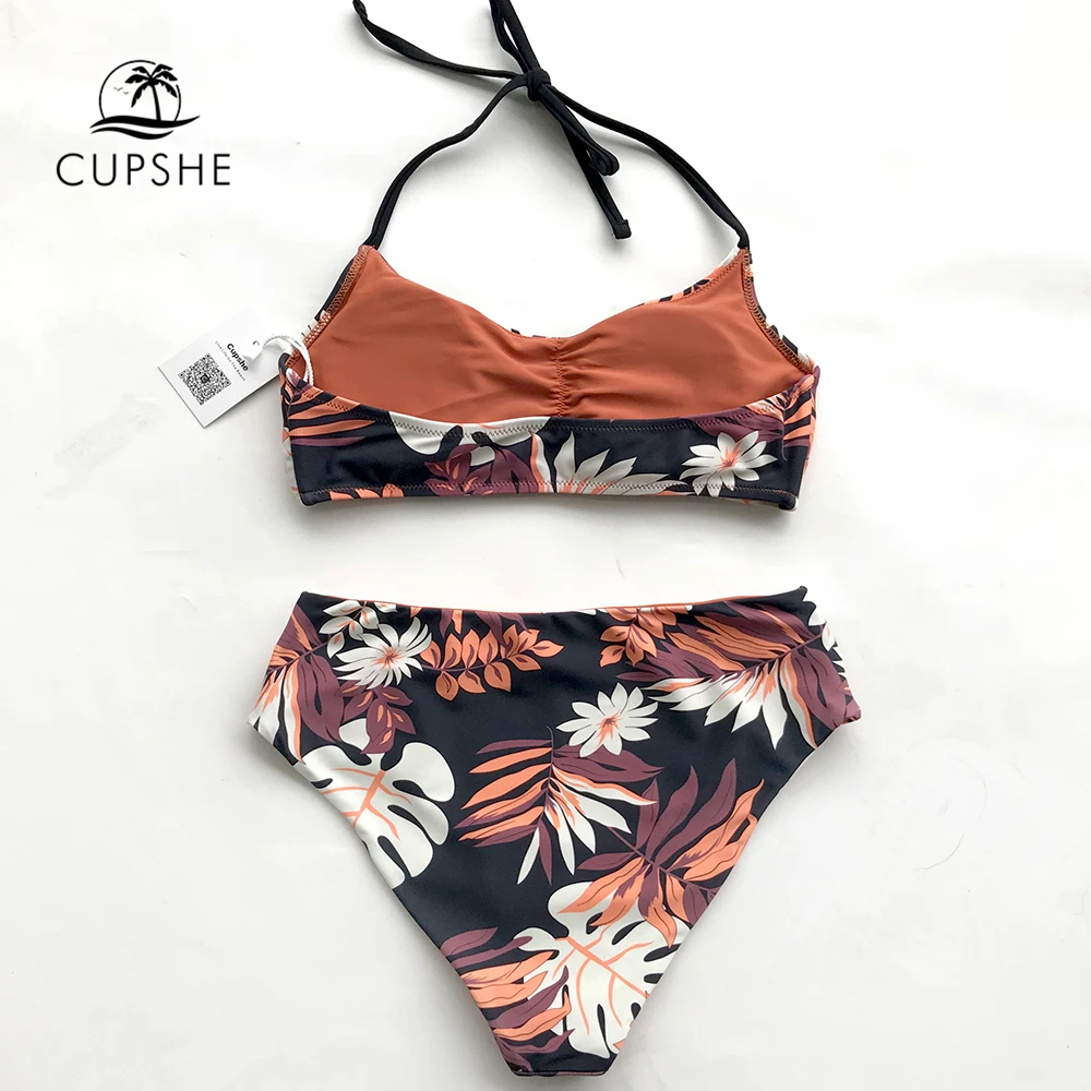 CUPSHE Leaf Print Reversible Bikini Set Women Mid Waist Backless Halter Two Pieces Swimwear 2019 Beach Bathing Suit Swimsuits