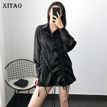 

XITAO Drawstring Slim Shirt Fashion New Women Design Sense Wild Joker Black Turn Down Collar Single Breasted Blouse WQR1216
