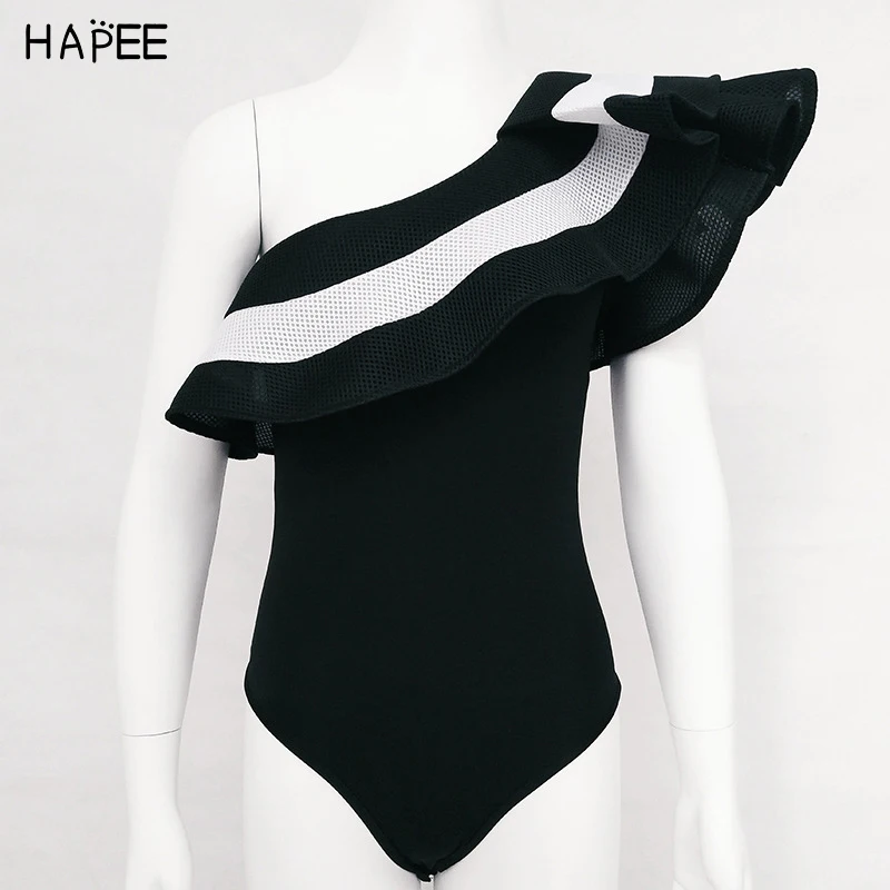 Kaufen 2019 schwarz Weiß Rüschen Overall Romper Badeanzug Brasilianische One Off Schulter Monokini Bademode Badeanzug Für Frauen