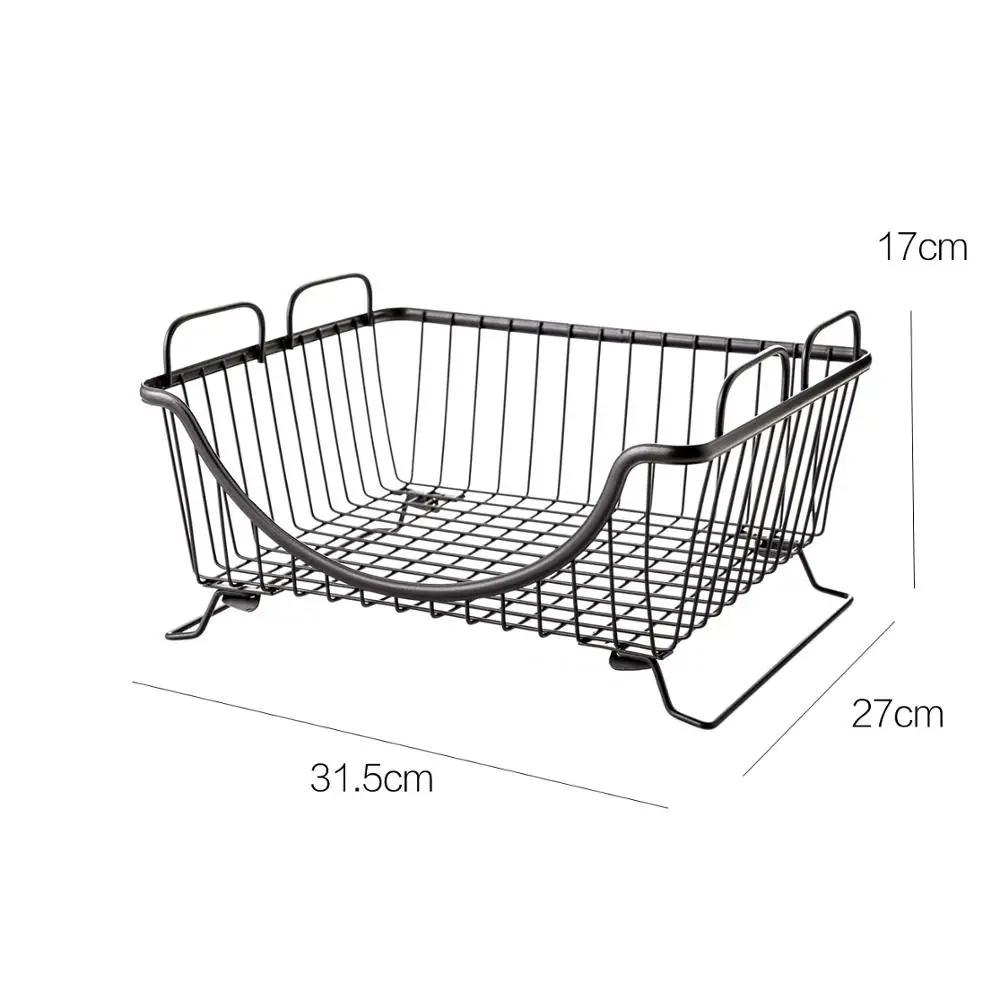 Штабелируемая железная художественная корзина для хранения, кухонная напольная полка для хранения, миски, блюда для овощей, фрукты, дренаж, органайзер, полки - Цвет: Черный