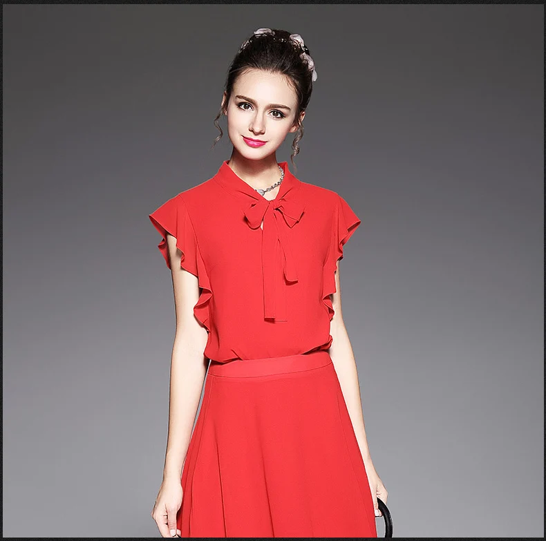 size-S/M Solid Summer Blouse Short Sleeve Ruffles Shirt Brand Red Chiffon Casual Tops With Bow B5528