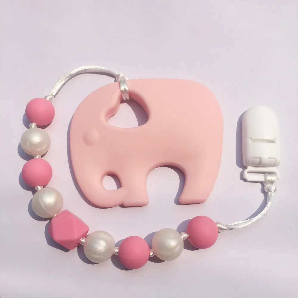 

Hot silicone Teething Pacifier Clip with large elephant pendant heart chew beads Silicone baby Teething pendant clips