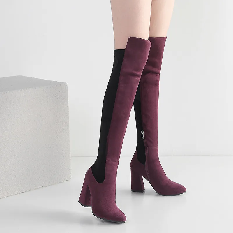 Suede Taille L'europe Bottes Chaussures Populaire 2018 Long Grande Talon Genou Patchwork Gris Haute Épais Débarrasser Ymechic gris vin Haut Noir Rouge Ladys Automne Femmes RjAL54