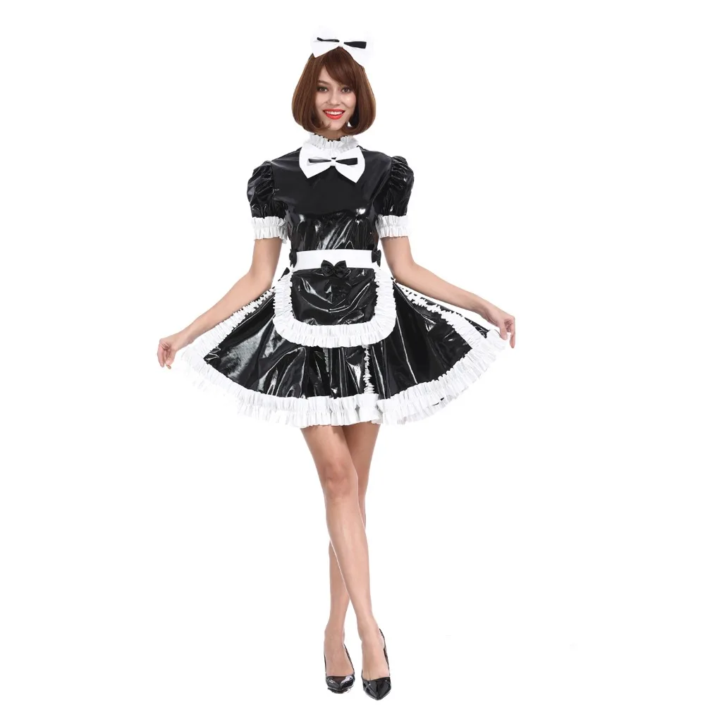 

Sissy Girl Maid Lovely Bow Lockable PVC Black Dress Crossdress Cosplay Costume