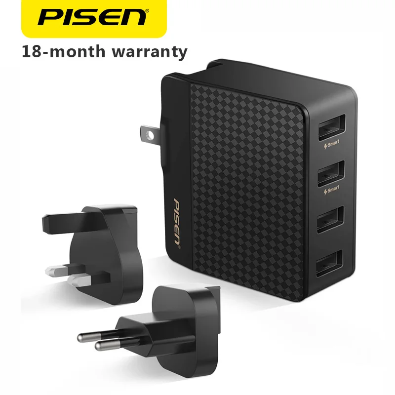 

PISEN Universal 4 Output Ports USB Travel Charger Folding Wall Charger Dual 2.4A USB Output with US UK EU Adapter for Phones