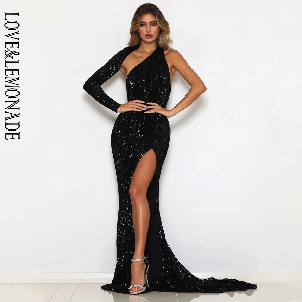 

Love&Lemonade Sexy Open Back Single Sleeve Slim Fit Elastic Sequined Fabric Bodycon Going Out Long Dress LM81333-2 BLACK