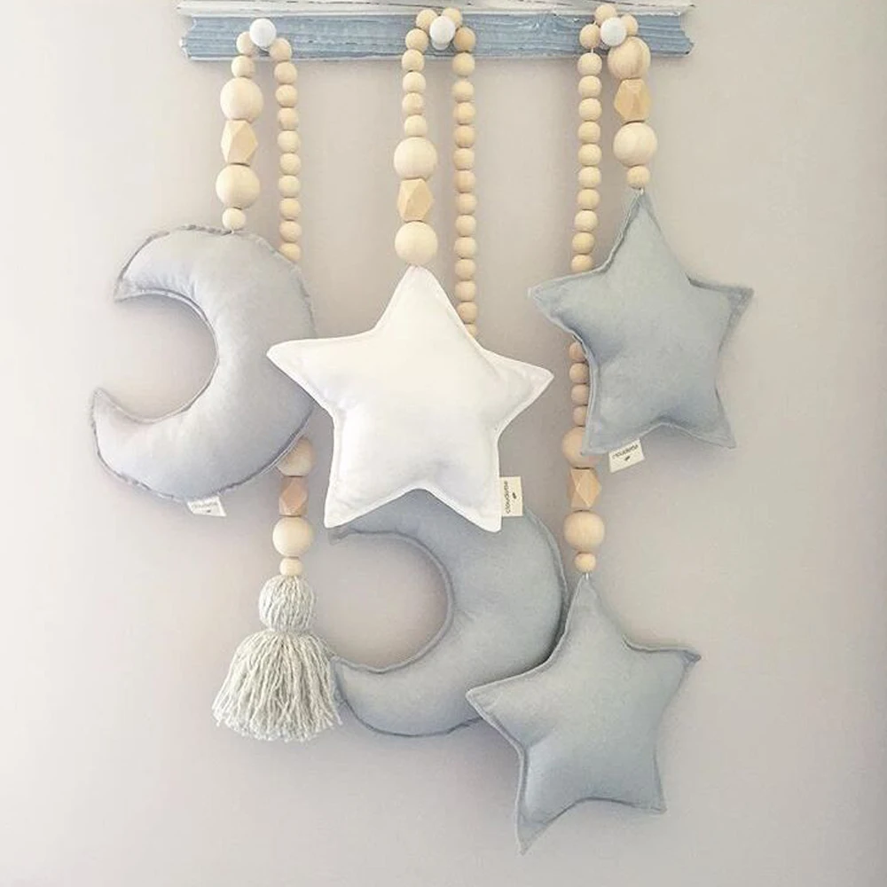 

New Nordic Style Star Moon Wooden Beads Ornament Wall Hanging Accessories Kids Room Decors Nursery Tent Baby Bed Shooting Props