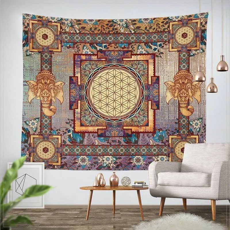 Lannidaa Classical Elephant Mandala Tapestry Wall Hanging Bohemian Flowers Home Decorative Wall Tap