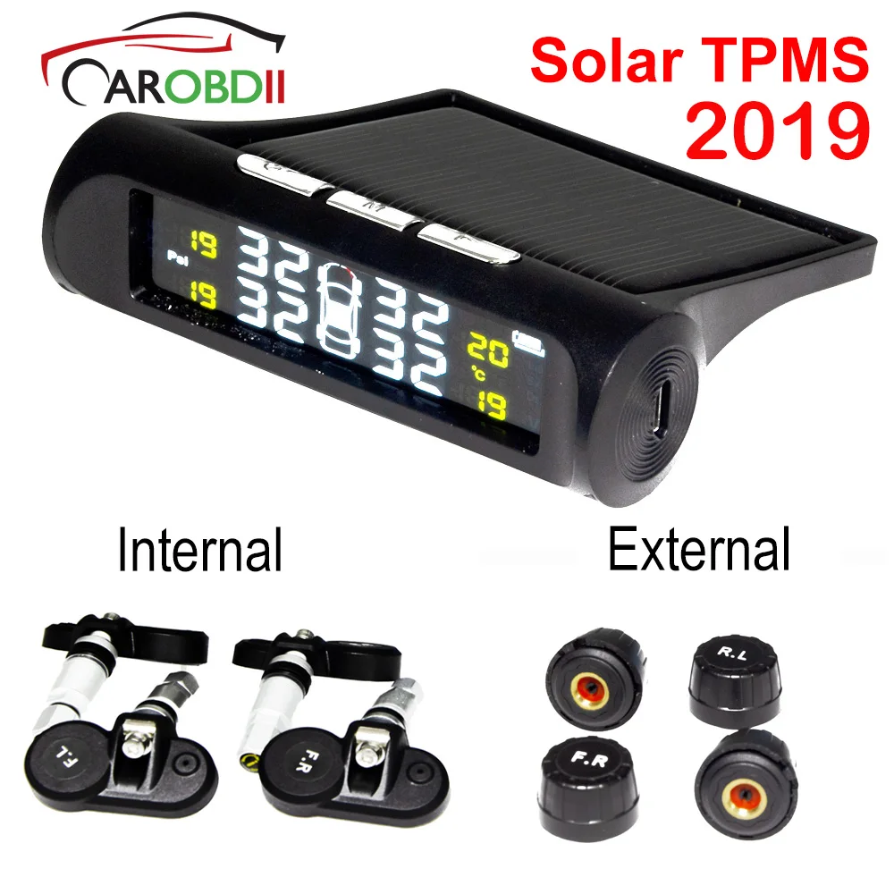 

2019 Wireless Tire Pressure Monitoring System Solar TPMS LCD Display Auto Security Alarm System Internal & External Sensors