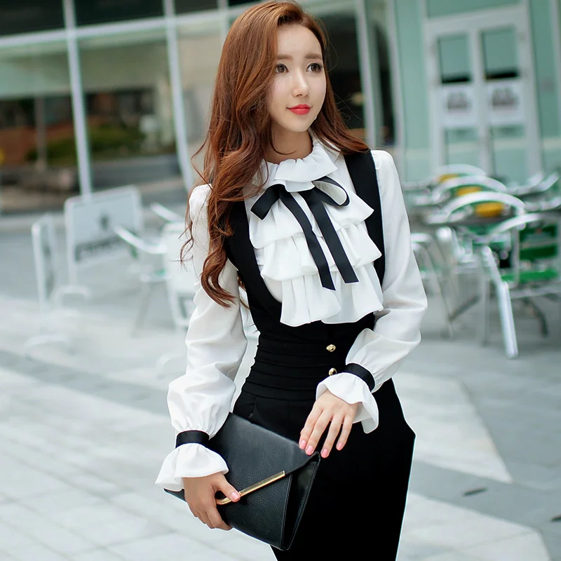 Dabuwawa Autumn Winter White Blouse Women New Ruffles Bow Tie Shirts Long Puff Sleeve office lady Elegant Blouse Top womens shirts and blouses Blouses & Shirts