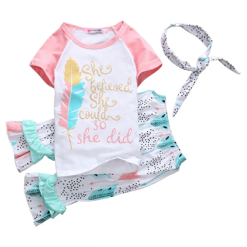 3pcs Fashion Baby Kids Girls Outfits Headband T shirt Floral Ruffled Pants Clothes Set Age 1T 5T