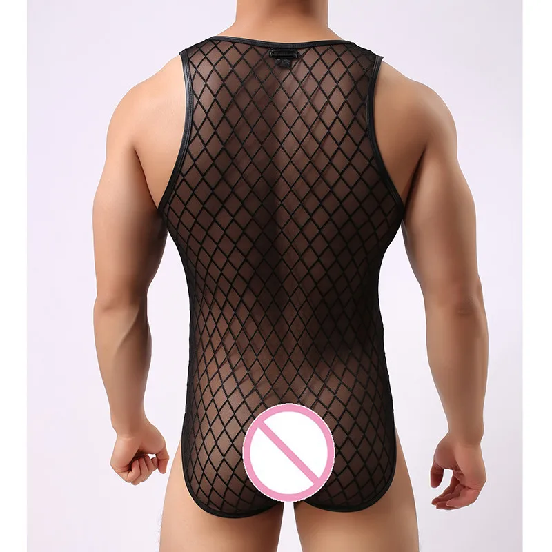 Fashion Brand Plaid Fishnet Transparent Man Sexy Fitness Shapers Gay Funny Bodybuilding Bodysuit/Hot Shapewear Size M L XL