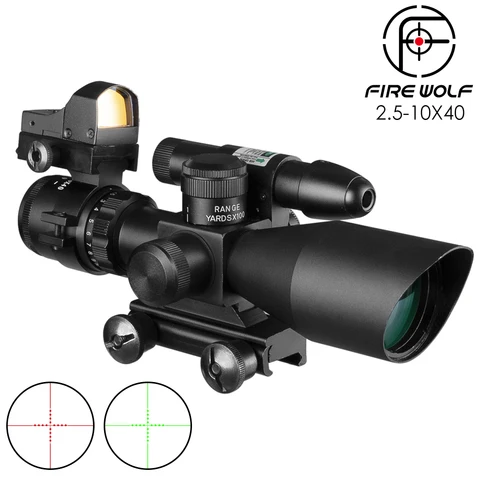 Vista + Holográfica Tactical Rifle Scope Laser Verde Iluminado Airsoft Riflescope Red Dot Sight Terno Combinação 2.5-10×40