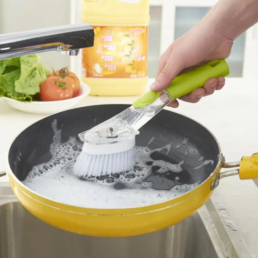 cleaning Dish Brush with Washing Up Liquid Soap Dispenser Kitchen