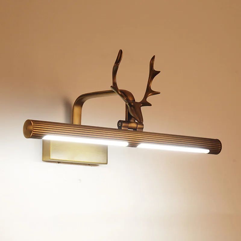 كامل النحاس الغزلان رئيس الأمريكي مرآة المصابيح الأمامية ل فندق غرفة نوم الحمام ضوء الجدار الشمعدان الغرور ضوء مصباح المنزل ديكور فني