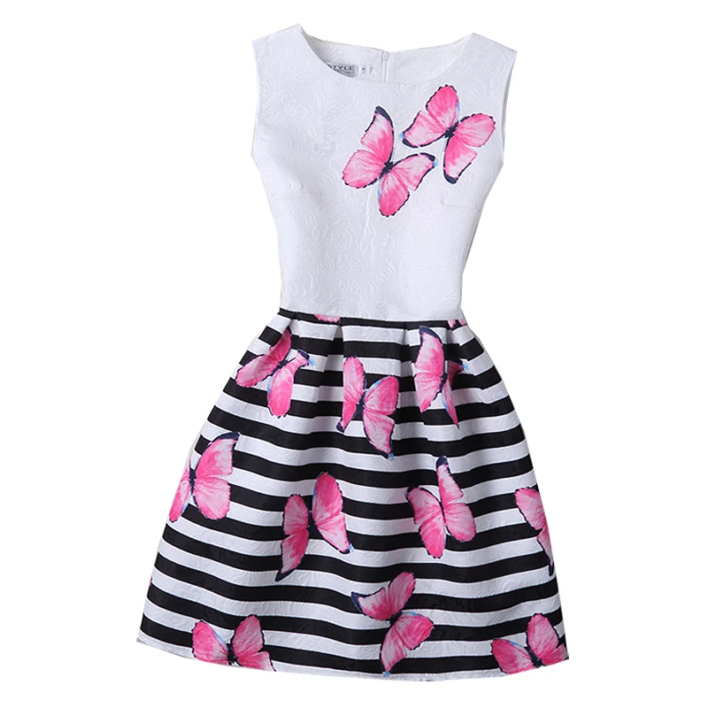 Летнее платье для девочек Полосатое платье с цветочным принтом и бабочкой подростковое дизайнерское торжественное платье для девочек, праздничное платье принцессы для малышей, Vestido - Цвет: pink
