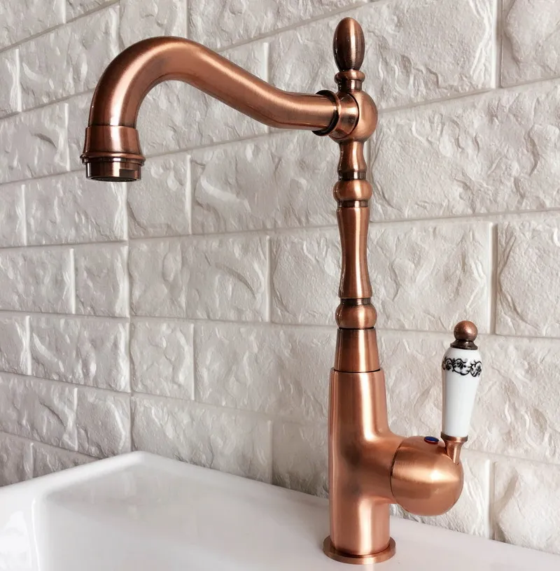 Antique Red Copper Brass Bathroom Kitchen Basin Sink Faucet Mixer Tap Swivel Spout Single Handle One Hole Deck Mounted mnf421