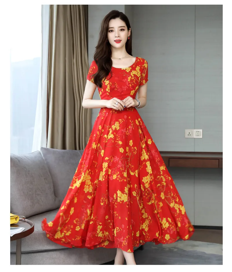 SexeMara Bohemian Style O-Neck Short-Sleeved Printed Temperament Waist Chiffon Long Large Dress 2019 Summer New Style (13)