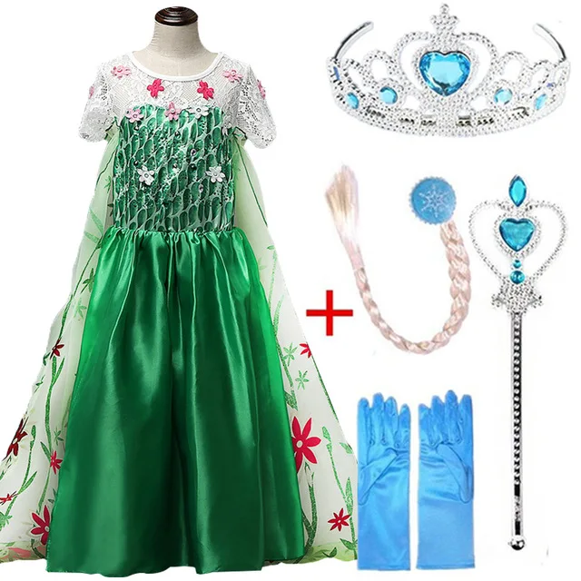 green set Платье для девочек; вечерние платья Эльзы для девочек; детское платье принцессы; маскарадный костюм Анны и Эльзы; платье Снежной Королевы; Vestidos; Одежда для девочек - Цвет: green set