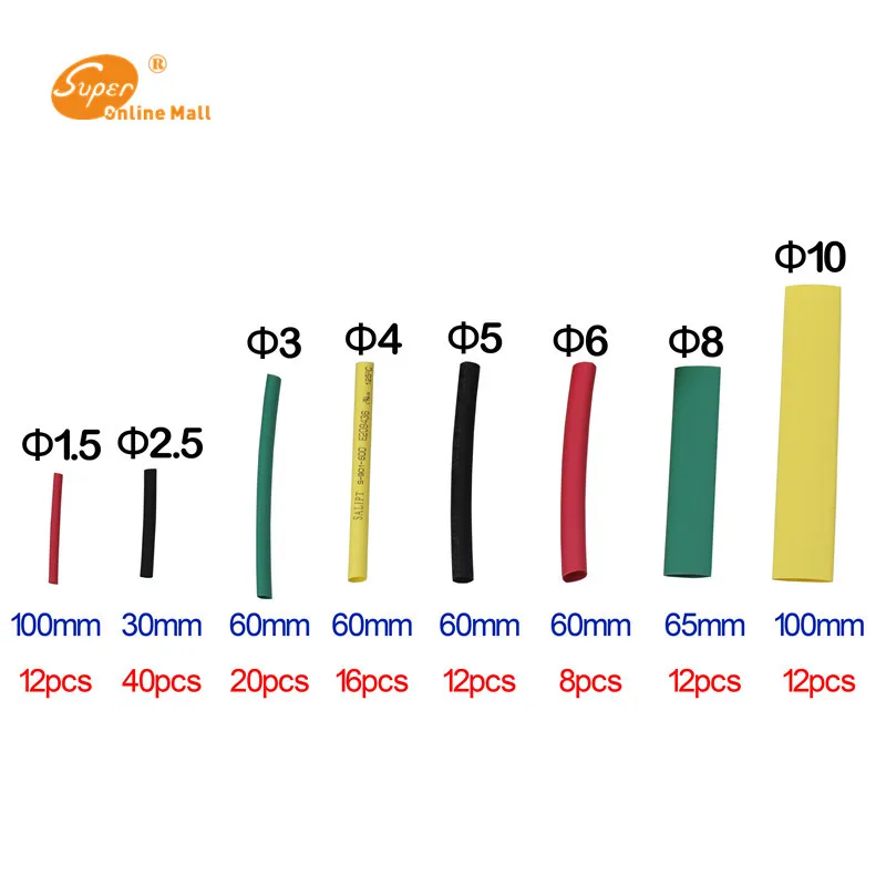 180 шт термоусадочные трубки 1,5 мм 2,5 мм 3 мм 4 мм 5 мм 6 мм 8 мм 10 мм Термоусадочные трубки обмотки провода кабель комплект