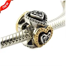 DIY Подходит Пандора браслеты праздник любви Амулеты с 14 K Настоящее Золотое сердце серебряные бусины 925 пробы