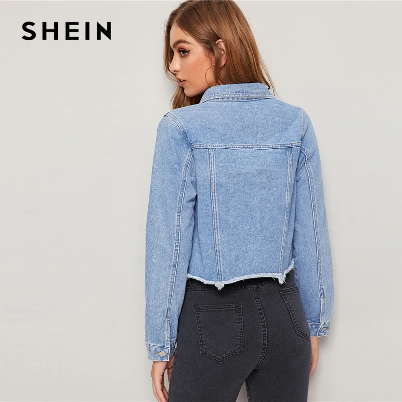 discounted  SHEIN Blue Frayed Edge Flap Pocket Spring Denim Jacket Coat Women 2019 Autumn Streetwear Single Bre
