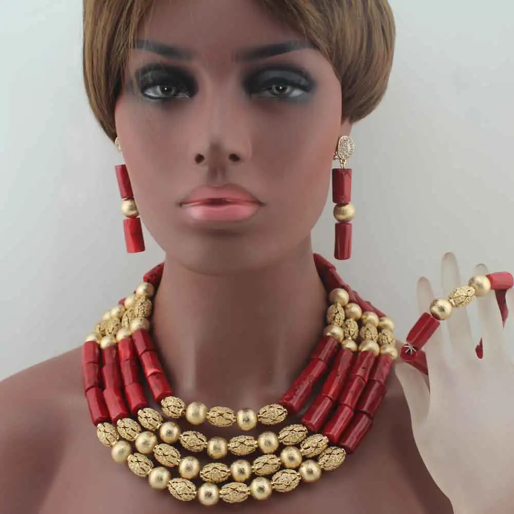 4layer Red Coral Beads Costume Necklace Traditional Nigerian Wedding African Coral