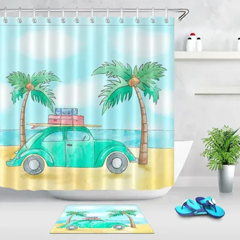 

LB Green Coconut Tree And Car Shower Curtains Bathroom Curtain Trip Travel Nature Landscape Waterproof Fabric For Bathtub Decor