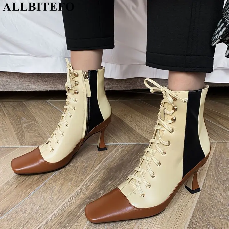 

ALLBITEFO large size:33-43 genuine leather high heel ankle boots for women winter snow boots women martin boots women heels