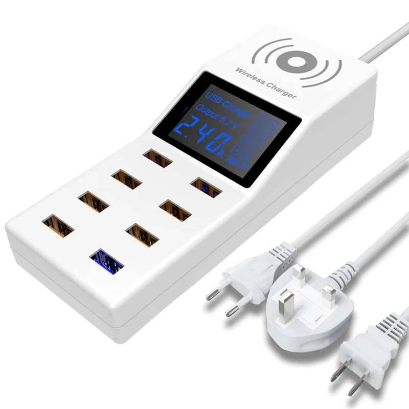 Qi Беспроводное зарядное устройство 8 портов USB 40 Вт Светодиодный дисплей QC3.0 18