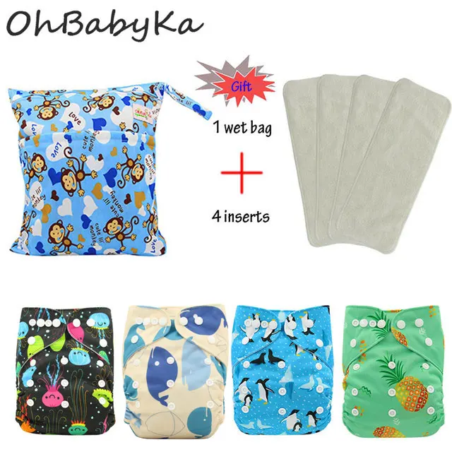 OhBabyKa 8 упаковок многоразовые подгузники для младенцев с героями мультфильмов, подарочные моющиеся детские карманные тканевые подгузники+ 3 слоя микрофибры вставки - Цвет: 03