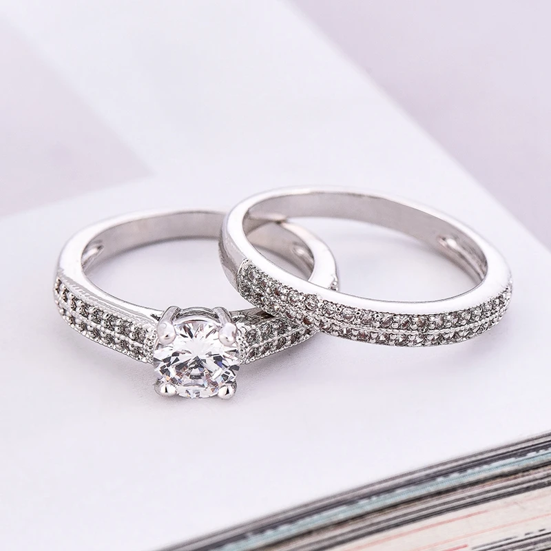 Elegant Wedding Engagement Rings Set 2 PCS 925 Silver Anniversary Accessories With Full Shiny Cubiz Zircon Stone for Femme