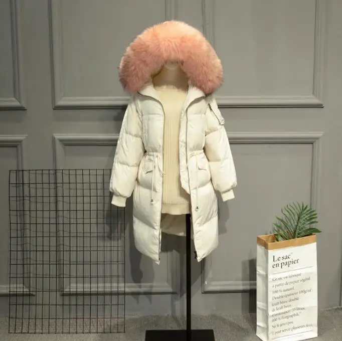 Зимняя женская белая куртка на утином пуху, теплая Большая куртка с воротником из натурального меха, с капюшоном, толстая длинная пуховая парка, пальто, Женская одежда оверсайз SF1060 - Цвет: Beige Pink Fur