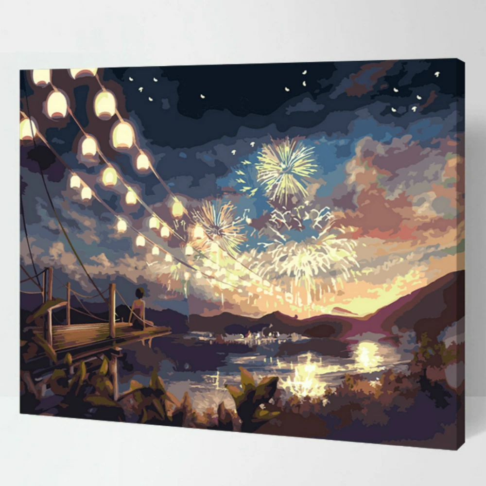 

DIY Oil Paint Japanese Animation Hanabi Firework Girl Landscape Art DIY Oil Painting By Numbers Home Beauty Decoration