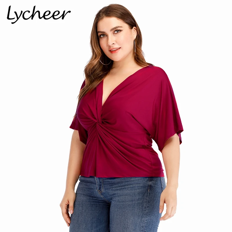 

Lycheer Plus size sexy elegant casual blouse shirt top Women big size solid tops Summer beach female office work wear tops 2019