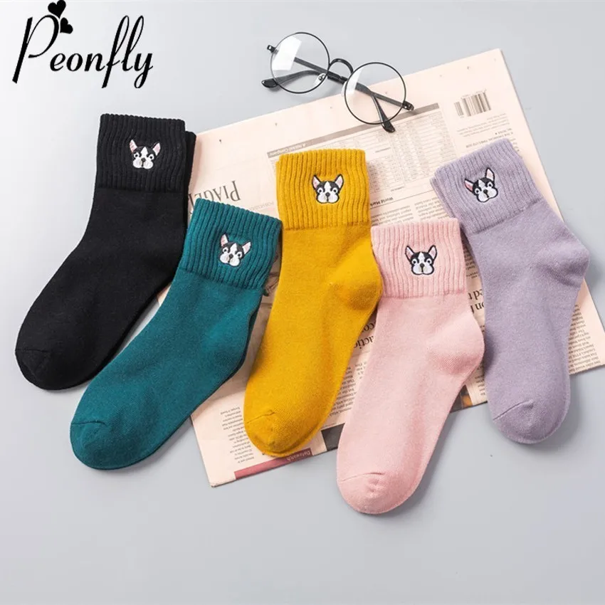 PEONFLY Embroidered Women Socks Cute animal Cartoon Bullfight Dog ...