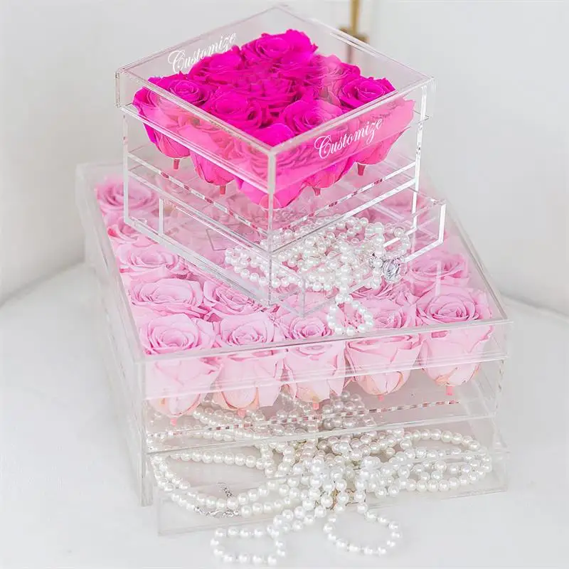

New Clear Acrylic Flower Box Rose Makeup Cosmetic Holder Flower Gift Boxes For Girlfriend Valentine Without Flowers